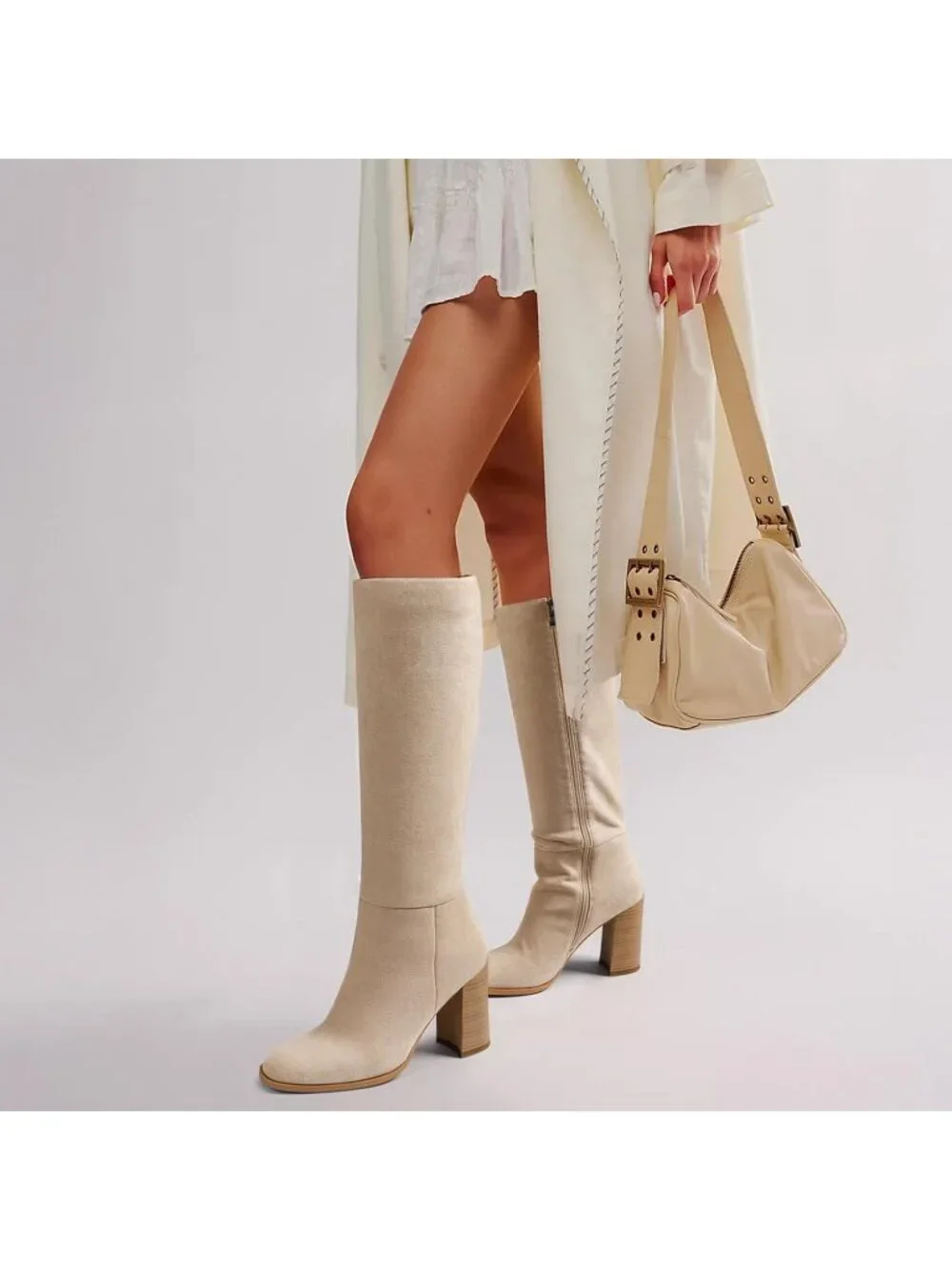 Women's Beige Round Toe Side Zip Chunky Heel Fashion Tall Knee High Casual Boot